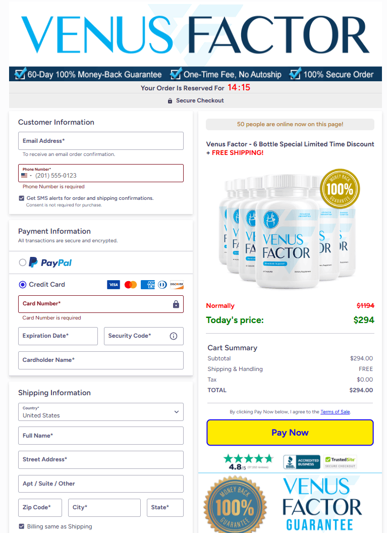 Venus Factor checkout page